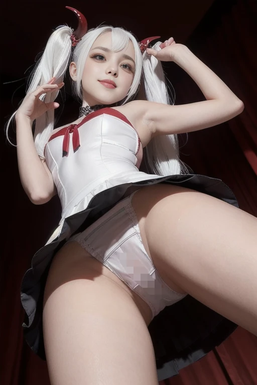 [Stable Diffusion] Cola de caballo en la cama Riendo Cara Hermosa Sonriendo Desde abajo R18 Pantalones Obra maestra Cosplay Upskirt Ropa interior Súcubo [Realista]