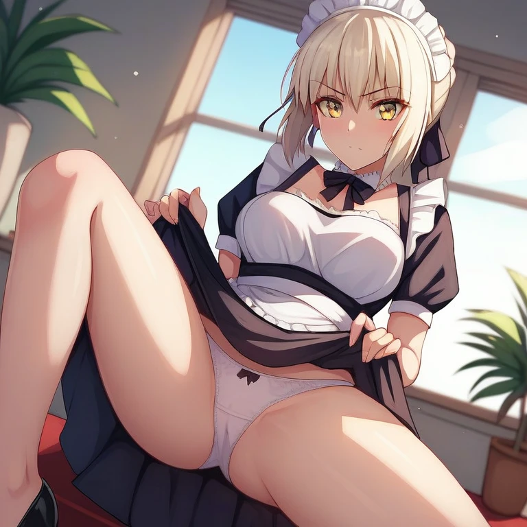 [Stable Diffusion] Piernas abiertas Fate Saber Fate Saber Alter Levantarse la falda R18 Pantalones mirando al espectador Falda Uniforme de sirvienta [Ilustración]